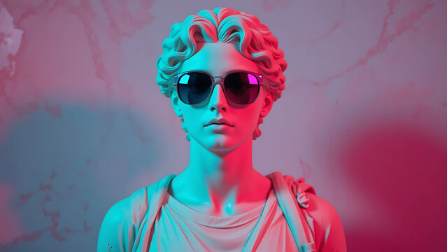 A timeless classical bust, unexpectedly cool in modern sunglasses, bathed in vibrant neon light against a textured backdrop.
