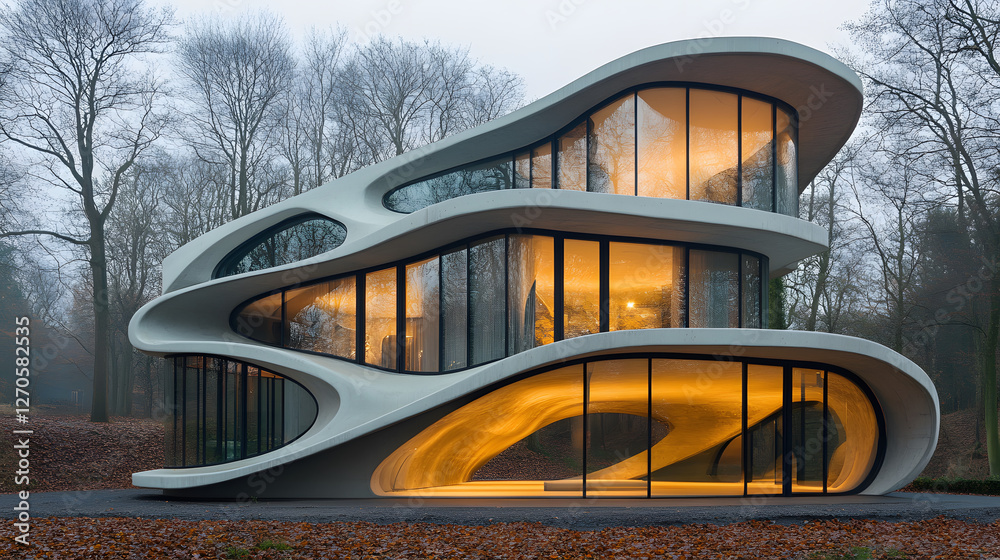 Poster a futuristic, curvilinear building with large glass windows, illuminated from within, surrounded by 