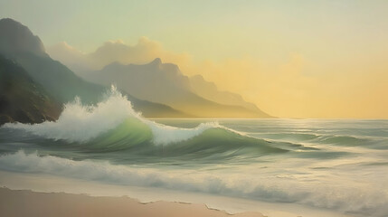 Coastal sunrise, wave crashing, mountains. Peaceful ocean scene, travel poster