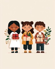 Fototapeta premium Three cheerful children holding gifts in a festive atmosphere, celebrating together.