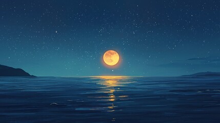 Golden moon shines over calm ocean water at night