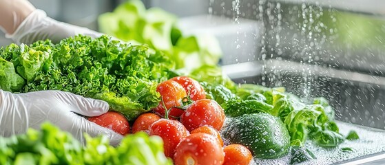 A close-up of gloved hands washing fresh vegetables under running water in a clean kitchen