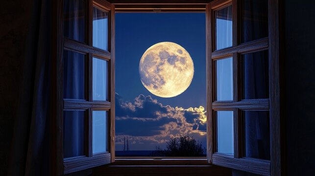 Open window frames the luminous full moon in the night