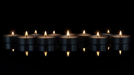 Ten lit tea light candles arranged in a row on a reflective black surface, creating a symmetrical image.