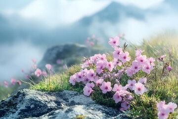 Obraz premium Pink flowers bloom on mountain, misty backdrop
