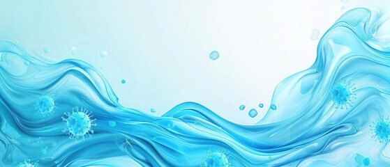 A modern representation of germs dissolving in flowing waves of blue, symbolizing cleaning