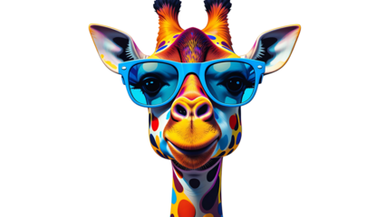 A cool giraffe sporting vibrant blue sunglasses, a playful portrait bursting with colorful energy and bold artistic style against a stark black background.