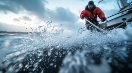 Naklejka premium A sailor in bright orange rain gear navigates rough seas on deck, gripping a rope tightly while icy waves crash and spray in the stormy weather