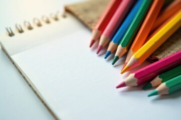 Obraz premium Blank Spiral Notebook Beside a Collection of Colorful Pencils Ready for Artistic Expression