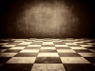 Vintage Checkerboard Floor and Grungy Wall Background