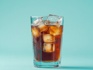 A refreshing glass of soda with ice cubes on a blue background.