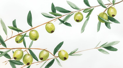 Background olive branch on a green background. green olives. olive oil. green banner. copy space. generative ai 
