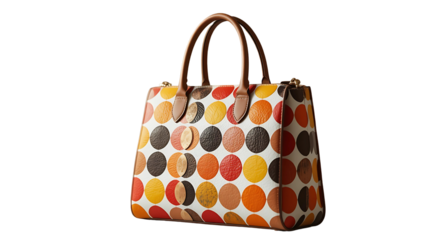 A vibrant, playful handbag adorned with a joyful polka dot pattern in warm autumnal hues, boasting a classic tote design and rich leather accents.