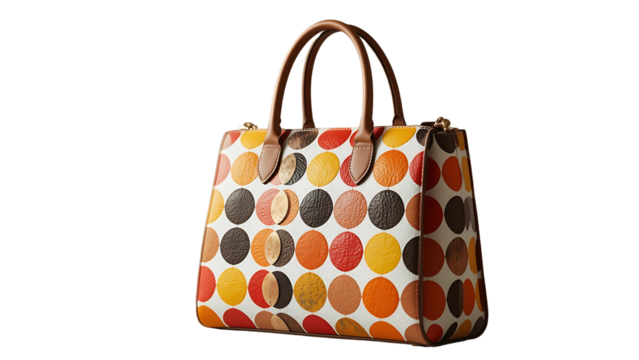 A vibrant, playful handbag adorned with a joyful polka dot pattern in warm autumnal hues, boasting a classic tote design and rich leather accents.