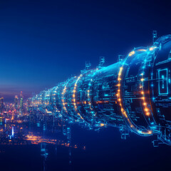 Fototapeta premium Digital Data Highway Connecting Futuristic Cityscape at Night with Enhanced Connectivity