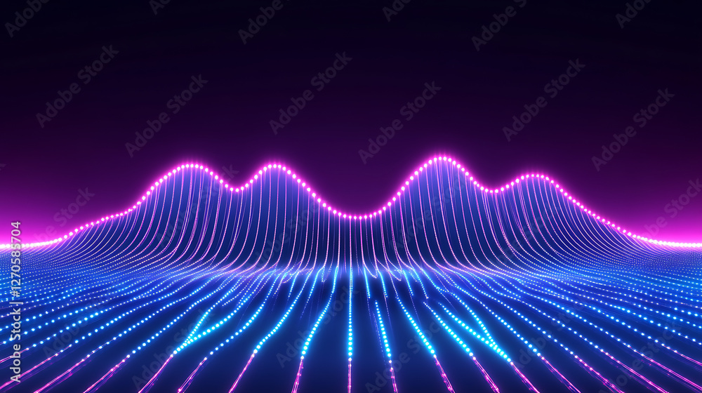 Poster digital data visualization of fluctuating signal waves in neon colors on abstract dark background