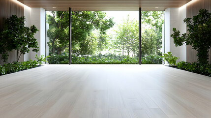 Modern room, large windows, garden view, sunlight, tranquil