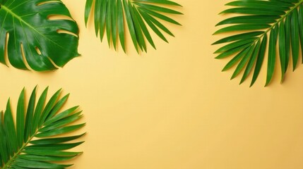Obraz premium Vibrant Tropical Foliage Arranged on a Pale Yellow Background, Ideal for Summer Designs and Promotions
