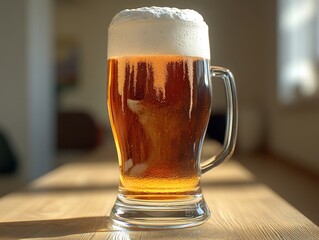 Close-up of a beer mug filled with frothy golden ale.