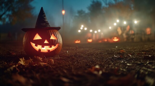 A carved pumpkin with an eerie grin sits in a dimly lit setting surrounded by a witch's hat and skeletal decor. Mist and shadows create a suspenseful ambiance