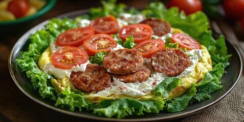 A delicious veggie pizza with bacon and feta cheese on a bed of greens, served as a sandwich.