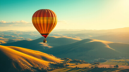 Obraz premium balloon flying in sky against the background of sunset. Generative AI illustration