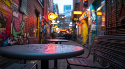 Fototapeta premium A graffiti-covered cafe table sits in a bustling urban alley, surrounded by colorful murals, neon signs, and striking lighting that highlights the energetic atmosphere