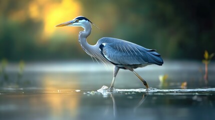 Naklejka premium A Great Blue Heron stands in shallow water, possibly wetlands or marshlands. This species is known for its long legs and neck, which it uses to hunt small fish and amphibians.