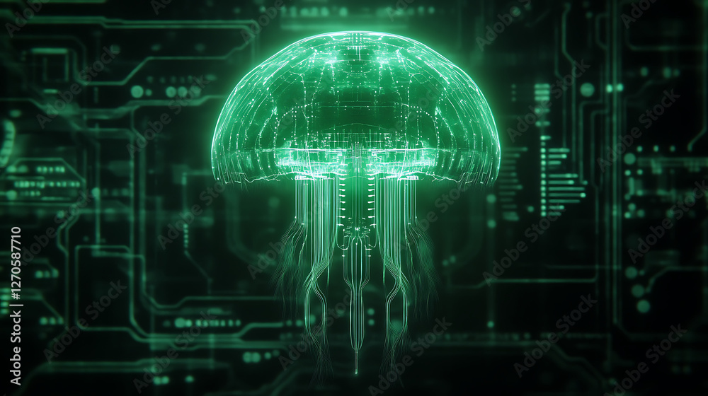 Poster digital jellyfish circuitry glow network connection tech integrated system information structure