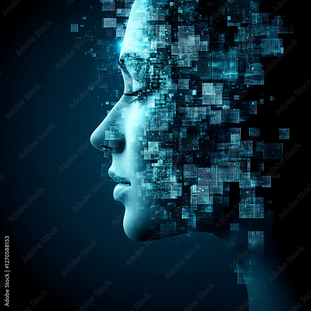 Poster digital mind data stream with fragmented face of technology innovation and artificial intelligence