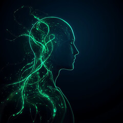 Digital Mindscape Connection A Humanoid Silhouette Flowing with Electronic Data Streams in Neon Green
