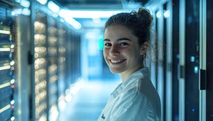 Friendly IT professional in a futuristic data center embodies the human aspect of technology
