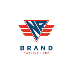Patriotic NR Logo Initials. Letter NR Winged Logo. Red and Blue Triangle NR with Wing for Aviation, Delivery Services, Sports, Military and Security Agencies