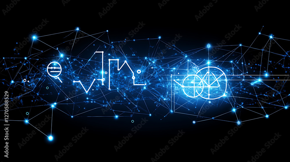 Poster digital network connection with abstract geometric shapes and glowing dots on black backdrop
