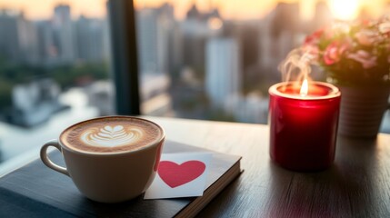 A coffee table showcases a frothy latte, a red candle, flowers, and a heart-shaped card with a soft focus on a sunset cityscape, embodying love and warmth