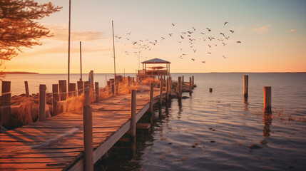 Fototapeta premium Old wooden dock adorned with fishing nets, set against a tranquil sunset over the calm sea, creating a picturesque coastal scene captured in stunning detail. 