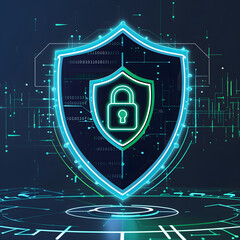 Fototapeta premium Step into the future of financial cybersecurity, where AI-driven protection meets digital encryption. This high-tech illustration features a glowing security shield with a secure lock at its center,