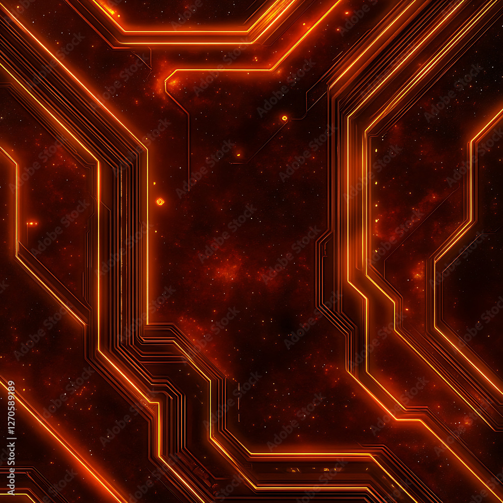 Poster digital realm high tech circuitry pattern with fiery cosmic backdrop overlaying complex structures