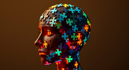 Conceptual of a human head made up of colorful puzzle pieces symbolizing the importance of mental health awareness and wellness Created using generative technology for World Mental Health Day