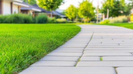 Obraz premium Serene residential pathway lined with lush green grass, leading through a peaceful neighborhood