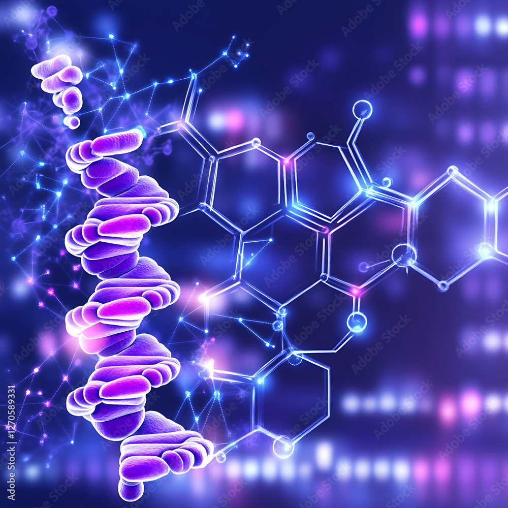 Poster digital rendering of dna molecule combined with chemical structure on a background with bokeh effect