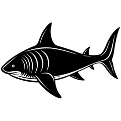 A fierce black and white illustration of a shark swimming powerfully