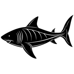 A fierce black silhouette of a great white shark swimming