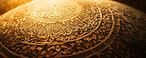 Exquisite arabic calligraphy adorning a golden dome with intricate detail