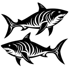Two stylized black and white sharks swimming in opposite directions