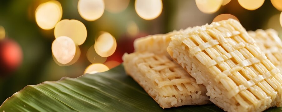 Delicious biko rice cakes elegantly arranged on a banana leaf