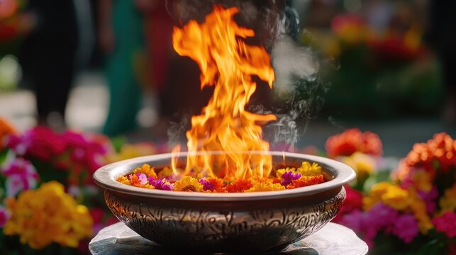 This image captures the spiritual moment of a fire ritual in an Indian temple, where a fire is lit on an altar to honor and invoke divine blessings.