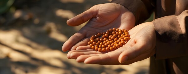 Hands gently cradle a string of wooden prayer beads