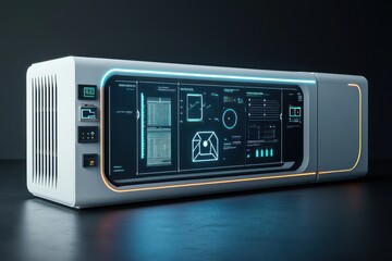 Fototapeta premium Decentralized energy storage monitored holographically in a renewable energy center.