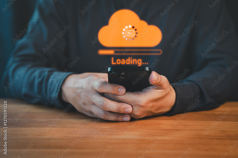 Poster Person holding a smartphone with a glowing orange cloud upload icon and loading progress bar, representing cloud computing, data transfer, internet of things, and digital technology.
